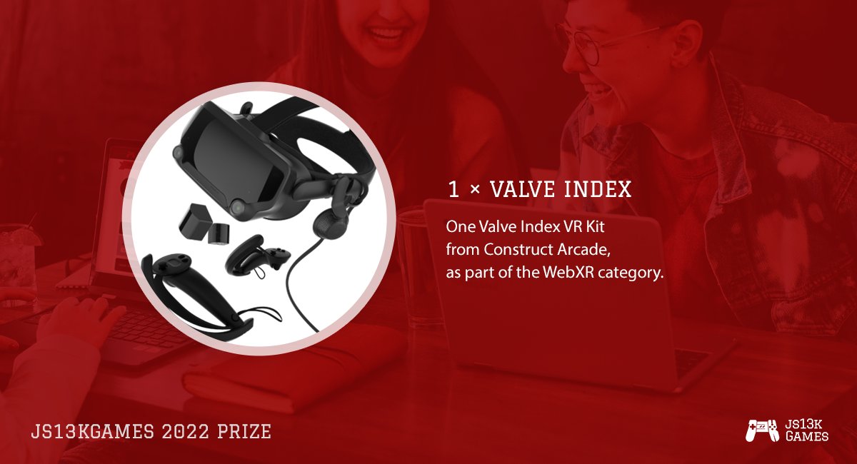 You can win Valve Index VR Kit from <a href="/ConstructArcade/">Construct Arcade</a> in the #WebXR category of #js13k 2022!

js13kgames.com/#valveindex

#gamedev #gamedevjs #WebVR #XR #VR <a href="/valvesoftware/">Valve</a> #Valve #ValveIndex #StreamVR