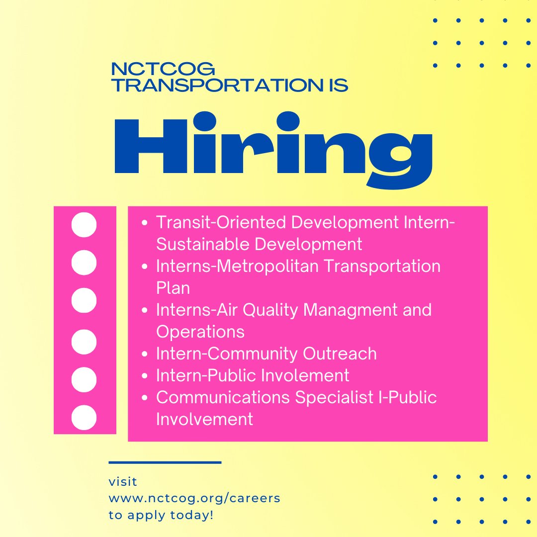 We're hiring! Check out our recently posted jobs we're looking to fill, apply on our website today! #nowhiring #internship #transportation #careeropportunities #jobalert #NCTCOG