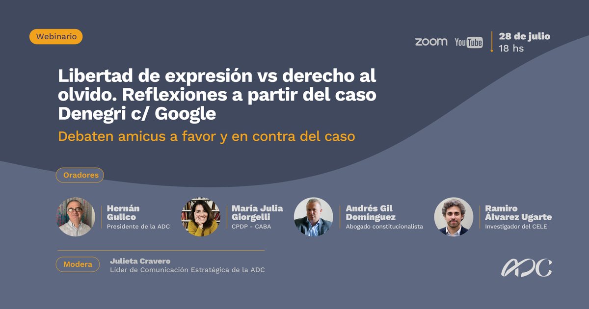 ProtDatosPer's tweet image. Este Jueves, estaremos participando del webinario "Acceso a la información en internet - Reflexiones a partir del caso Denegri c/ Google". A las 18 hs. x Zoom 👉 bit.ly/google-denegri . Gracias @adcderechos por la invitación! @DefensoriaCABA @ramiroau @agildominguez