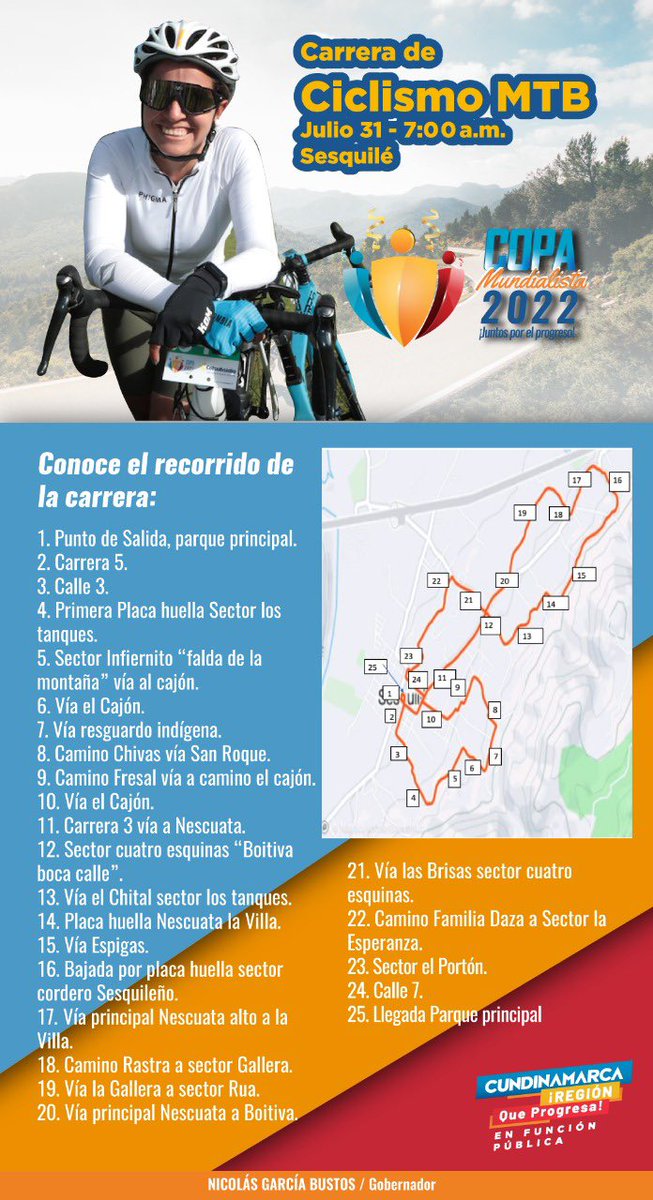 SecFPublicaCund's tweet photo. Este domingo 31 de julio viviremos la carrera de 🚴‍♂️ mtb de la #CopaMundialista🏆 que este año se realizará en el municipio de @AlcSesquile. Desde la @SecFPublicaCund nos aseguramos que todos los deportistas participen con seguridad #Cundinamarca #PrimeroLaVida https://t.co/Fn55nPCeOr