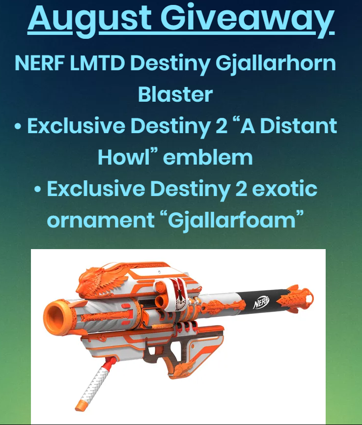 Shrouded_Gaming's tweet photo. Shrouded Gaming's August Loyalty Point Giveaway. The NERF LMTD Destiny Gjallarhorn Blaster Including the Exclusive Emblem and  ornament “Gjallarfoam" Details Here https://t.co/pCDLR0HZZp
Learn how to earn Loyalty Here https://t.co/4aF8qcF0nS https://t.co/ZgWnHW8S65