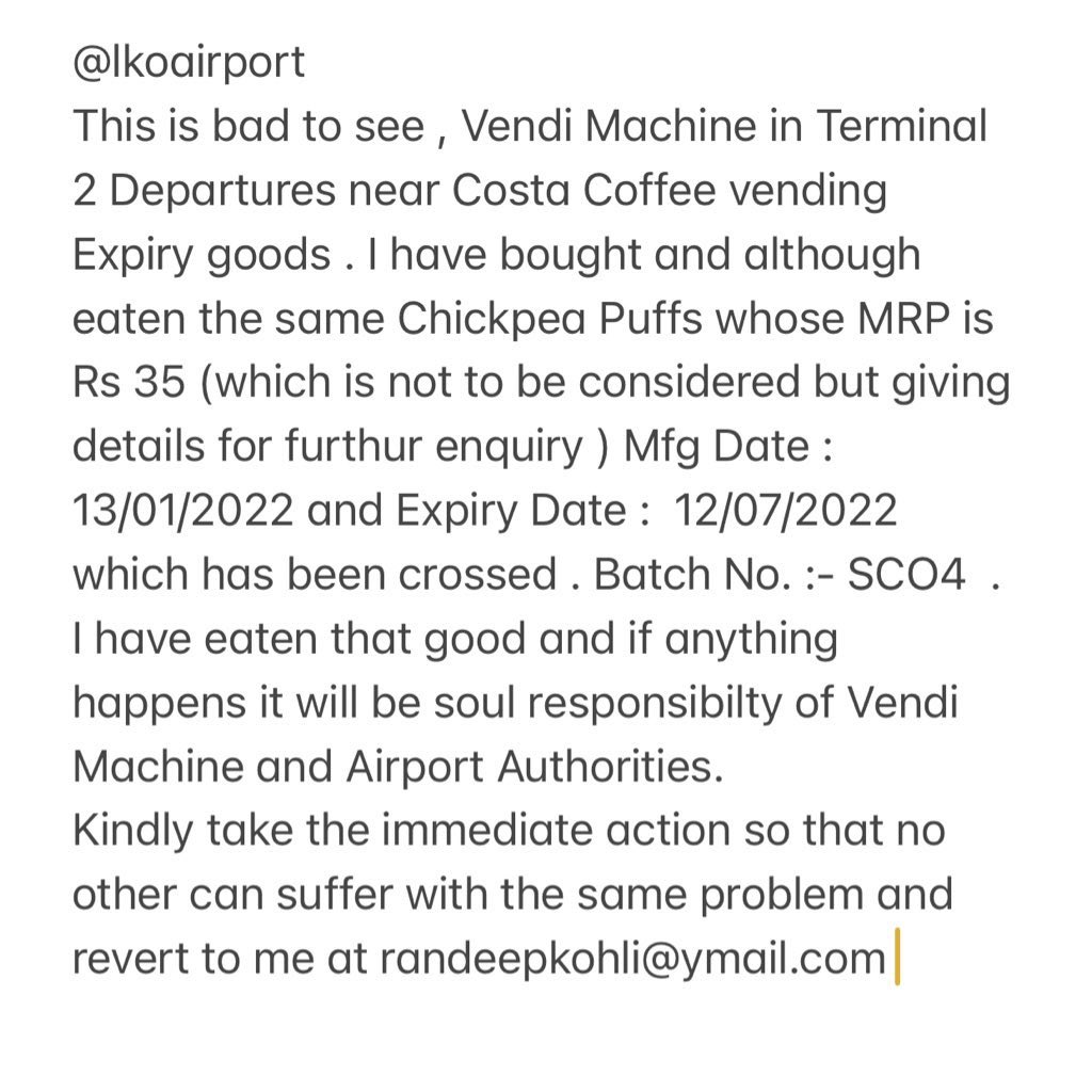 Randeepkohli's tweet photo. @lkoairport 
Vending Machine at your Airport is vending Expiry goods . Take immediate action and revert me at randeepkohli@ymail.com . Please Check the Photo for more Details . 
I am the complete proof video with Today’s Current Date for furthur Enquiry if required . https://t.co/qaywhqXDxQ