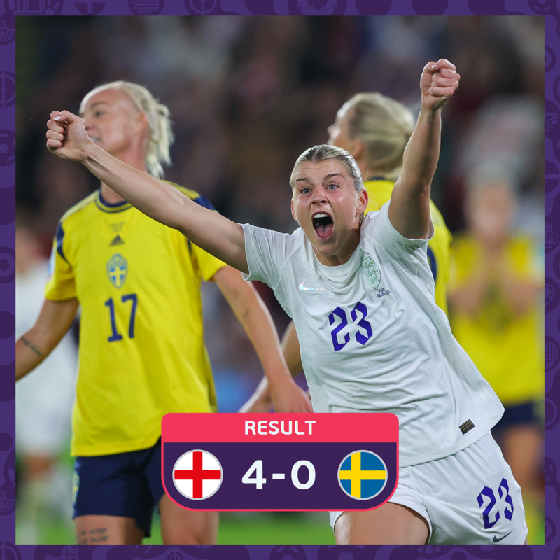 WEURO's tweet photo. ⏰ 𝗙𝗨𝗟𝗟-𝗧𝗜𝗠𝗘 ⏰ 

🤩 Goals from Mead, Bronze, Russo and Kirby send #ENG through to the final of #WEURO2022 👏 

🤔 Who will they face in the final?