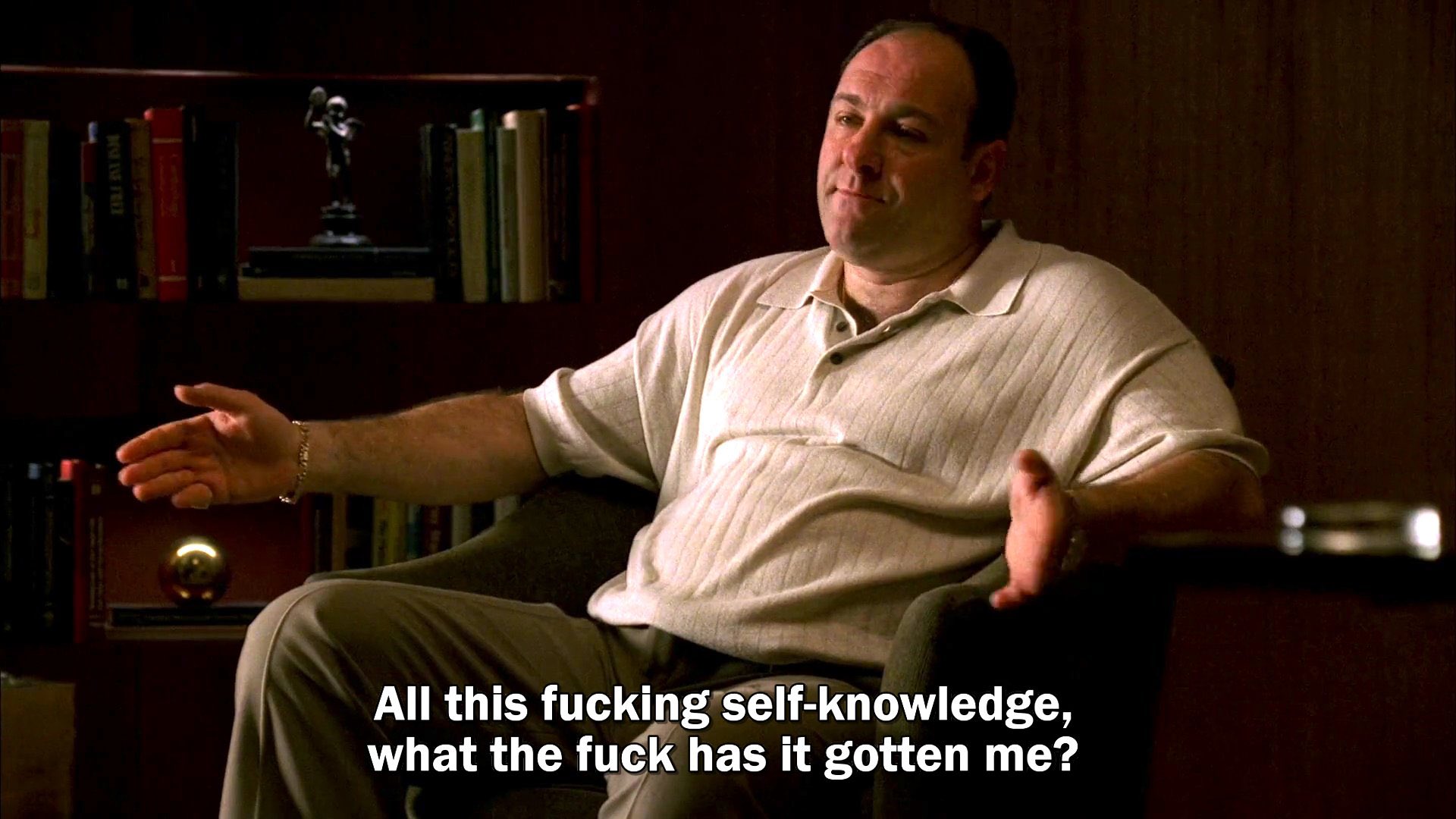 reactions on X: "tony soprano in therapy all this fucking self knowledge  what the fuck has it gotten me https://t.co/9vezAYrwMQ" / X