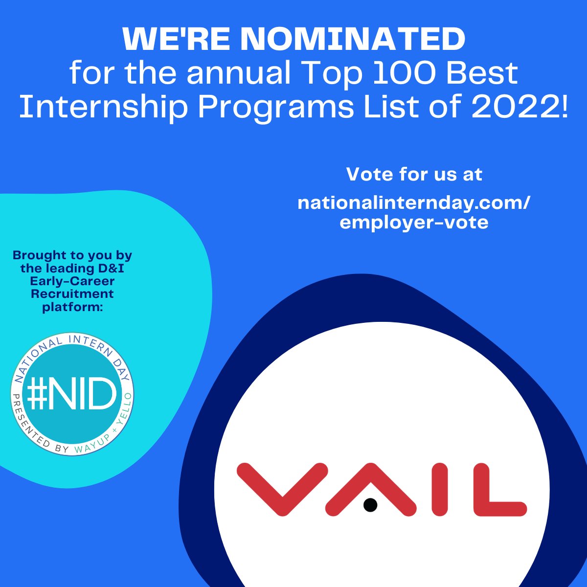 Vail Systems, Inc. (@vailsystems) on Twitter photo We’re nominated for <a href="/WayUp/">WayUp</a>’s Top 100 Internship Programs List! Join us in appreciating and celebrating our interns and co-ops by voting for <a href="/VailSystems/">Vail Systems, Inc.</a> before #NationalInternDay on Thursday, July 28 via this link: bit.ly/3v7Xb5c We’re nominated for <a href="/WayUp/">WayUp</a>’s Top 100 Internship Programs List! Join us in appreciating and celebrating our interns and co-ops by voting for <a href="/VailSystems/">Vail Systems, Inc.</a> before #NationalInternDay on Thursday, July 28 via this link: bit.ly/3v7Xb5c