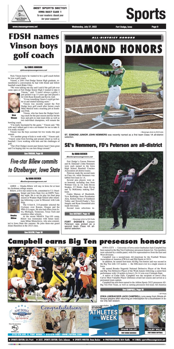 Check out Wednesday's sports section. All district baseball announced (<a href="/DanaBecker/">Dana Becker</a> ); Nick Vinson named Fort Dodge boys golf coach. @FDSH_AD <a href="/FDCSD/">Fort Dodge Schools</a>