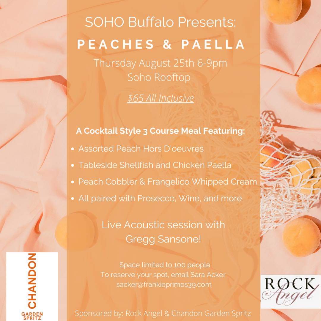 We are extremely excited to announce our August rooftop event: 

Peaches and Paella! ☀️ 

Join us August 25th for an evening of live music with Gregg Sansone, cocktails, &amp; delicious food on our beautiful rooftop. 

Only 100 tickets available - book today!