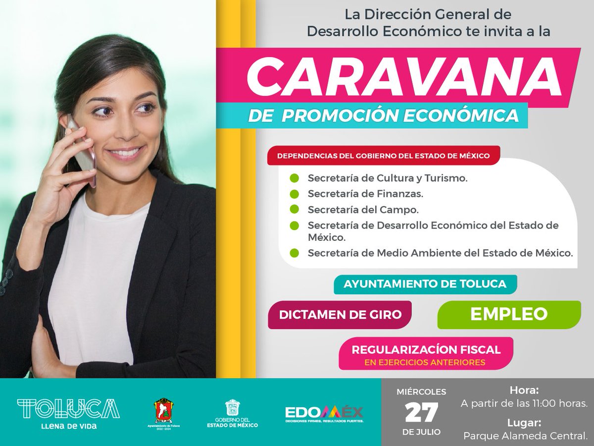 Te invitamos a la “Caravana de Promoción Económica” el día de mañana en el Parque Alameda Central a las 11:00 A.M. a la firma del convenio con la <a href="/SedecoEdomex/">Secretaría de Desarrollo Económico del GEM</a>, con la finalidad de fortalecer las empresas y generar empleo en nuestra #TolucaLlenaDeVida.