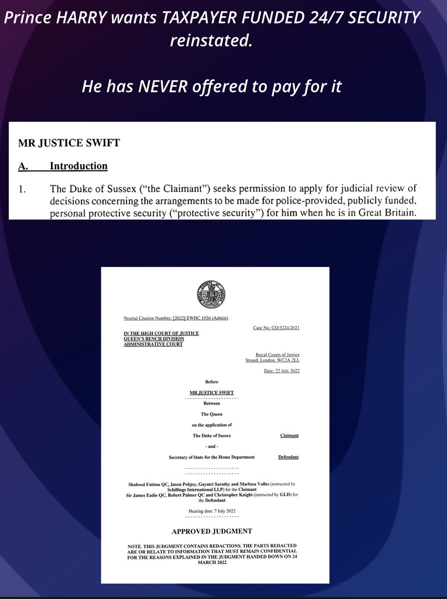 Just_Jane4Now's tweet photo. UK Court documents reveal #PrinceHarry wants 24/7 TAXPAYER FUNDED SECURITY reinstated. (Publicly Funded)

He NEVER offered to PAY for it himself #PrinceHarryisaLiar #MeghanMarkleisaLiar @MeghansMole https://t.co/j0wGLJlHFg