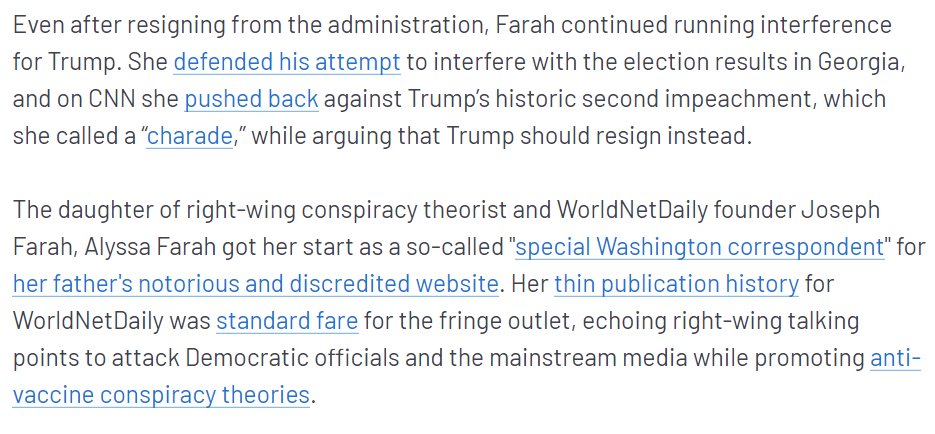 socflyny's tweet photo. @donwinslow Prior to joining Trump's circus, Alyssa pushed birtherism and anti-vax propaganda for #WorldNetDaily, a notorious conspiracy website owned by her father.
#TheView has conveniently failed to properly vet her, despite @mmfa's heavy lifting:
https://t.co/GtoojMtJmn https://t.co/Gy5aBZy8Ct