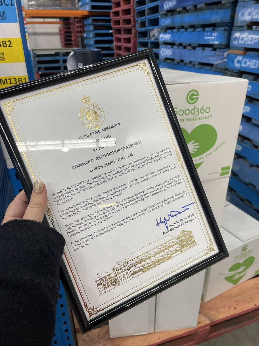 good360au's tweet photo. Our Founder &amp; MD Alison Covington was humbled to receive this Recognition Statement from our NSW MP for Prospect Dr @hugh_mcdermott MP. Thank you for your kindness and commitment to the #circleofgood https://t.co/33eTid3h29