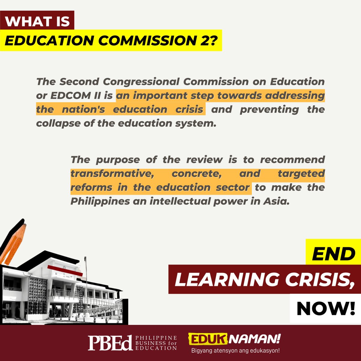 OnePBEd's tweet photo. GOOD NEWS! Education Commission 2 is now a law! This is an opportunity for specific actions based on the pronouncements of PBBM from the SONA, and our great step towards addressing the learning crisis!
#BetterEducationForAll
#LearnLearnLearn
#NoLearnerLeftBehind
#PHLearningCrisis https://t.co/44xQ1WY8x5