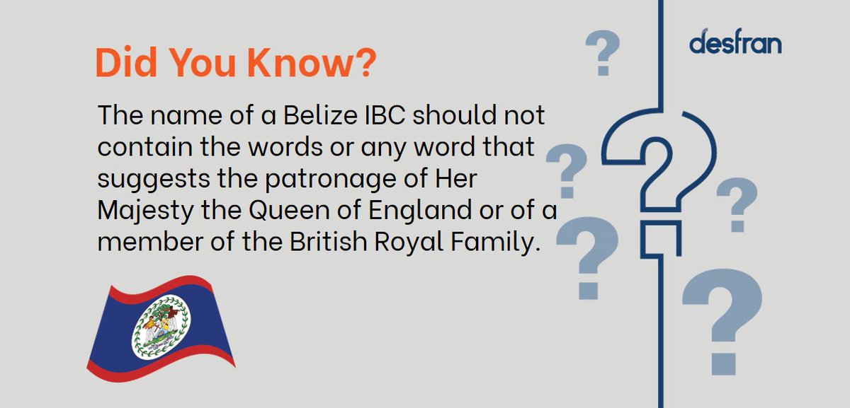 DesfranConsul's tweet photo. A fun fact about establishing a company in Belize! Some prohibited words in the name of a Belize IBC include “Building Society”, “Chamber of Commerce”, “Chartered”, “Imperial”, “Municipal”, and “Royal”. #Companyformation #Companyincorporation  #Companyregistration #IBC #Belize https://t.co/31moXy74kk