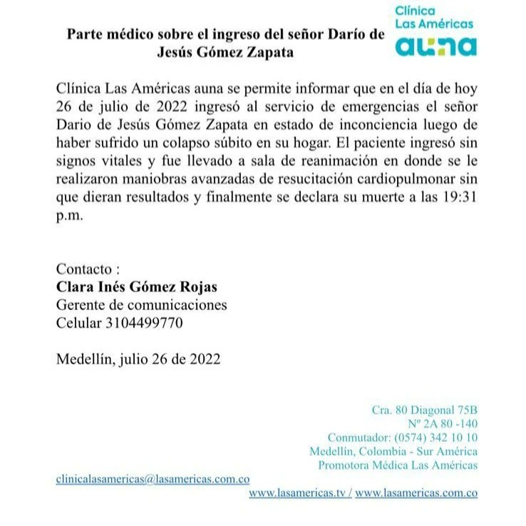 Laexitosacol's tweet photo. #Atencion
#UltimoMinuto

Murió Darío Gómez, el rey del despecho, en la ciudad de Medellín.
Luto en Colombia y en la musica.

Paz en su tumba. https://t.co/Pj2O2DAkdj