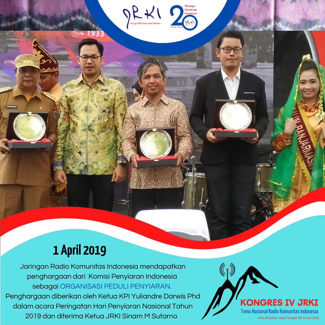 Jaringan Radio Komunitas Indonesia mendapatkan penghargaan dari  <a href="/KPI_Pusat/">Komisi Penyiaran Indonesia</a>
sebagai ORGANISASI PEDULI PENYIARAN. 
Penghargaan diberikan oleh Ketua KPI Yuliandre Darwis Phd dalam acara Peringatan Hari Penyiaran Nasional 2019
#Kongres4JRKI
#RadioKomunitas
#JRKI
#udaramilikkita