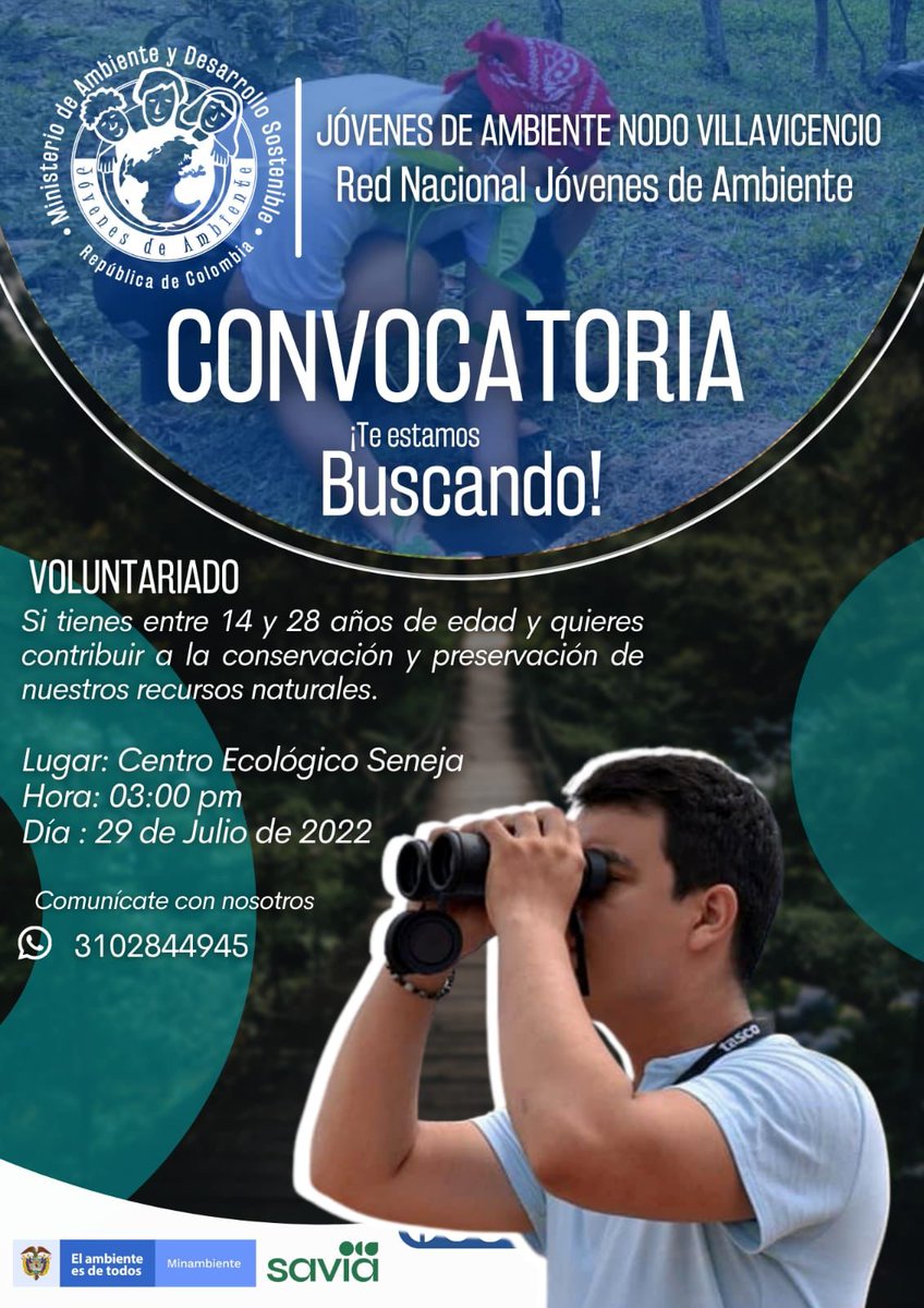 ¡Te estamos buscando! Si tienes entre 14 a 28 años 🙋🏻‍♀️ de edad y quieres contribuir a la protección de los recursos naturales. 🌳🏞️ Te esperamos el viernes 29 de julio desde las 3:00 p.m en Seneja ubicado en el CC Primavera Urbana. 
Haz parte de los Jóvenes que cuidan el ambiente.