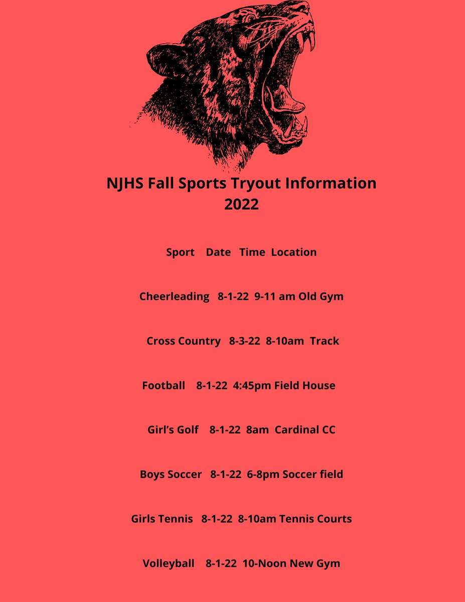 Fall sports tryouts at <a href="/NJHS_Panthers/">North Johnston High</a> begin next week! Be sure to have all Final Forms completed and an updated physical on file. Go Panthers! #NojoFamily