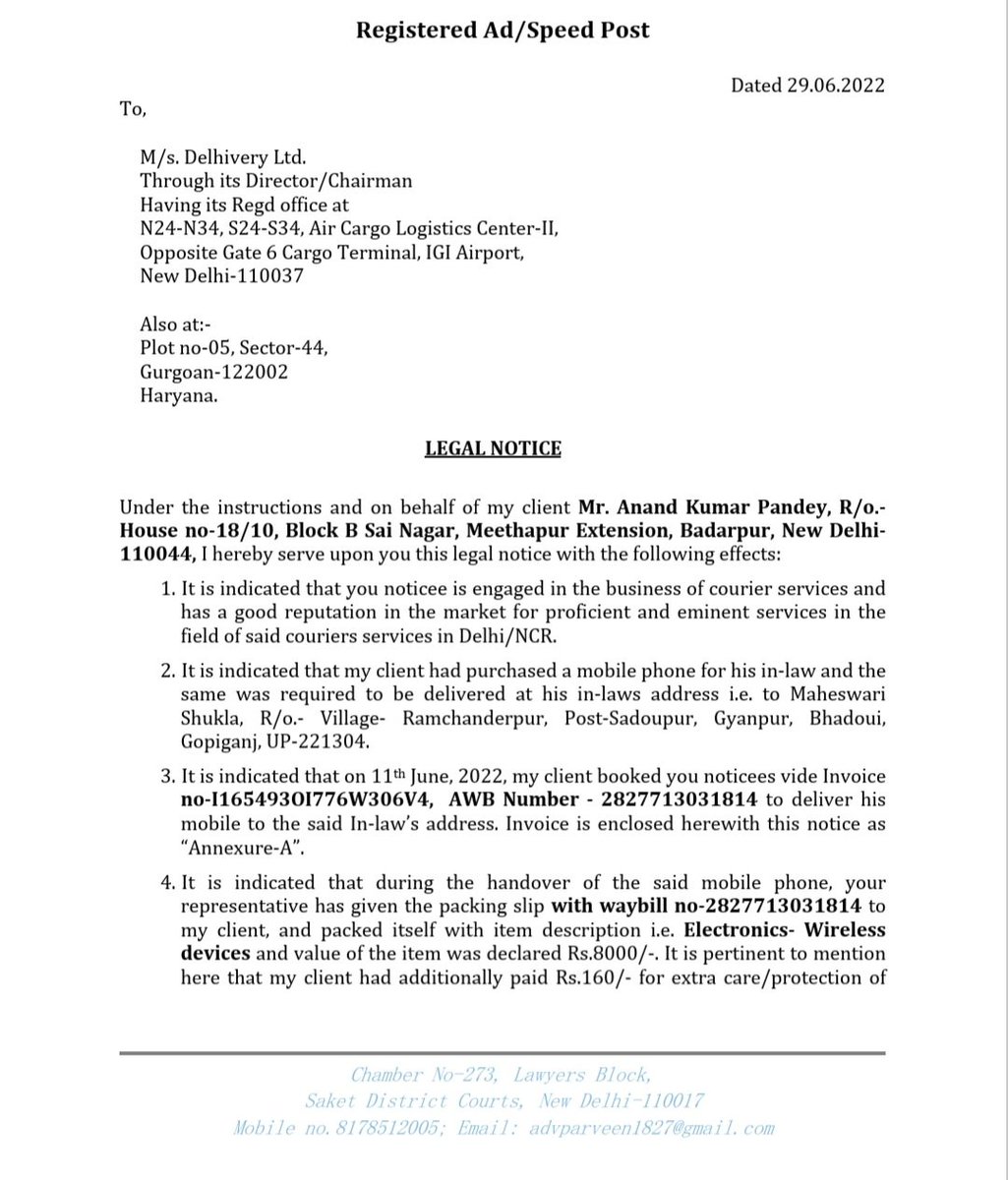 satender_panday's tweet photo. @help_delhivery @BlueDart_ I have sent you legal notice as well..seems you dont want to grow in india as your service is pathetic...
#fakeDelhivery #bycottDelhivery https://t.co/UZCh2axFyq