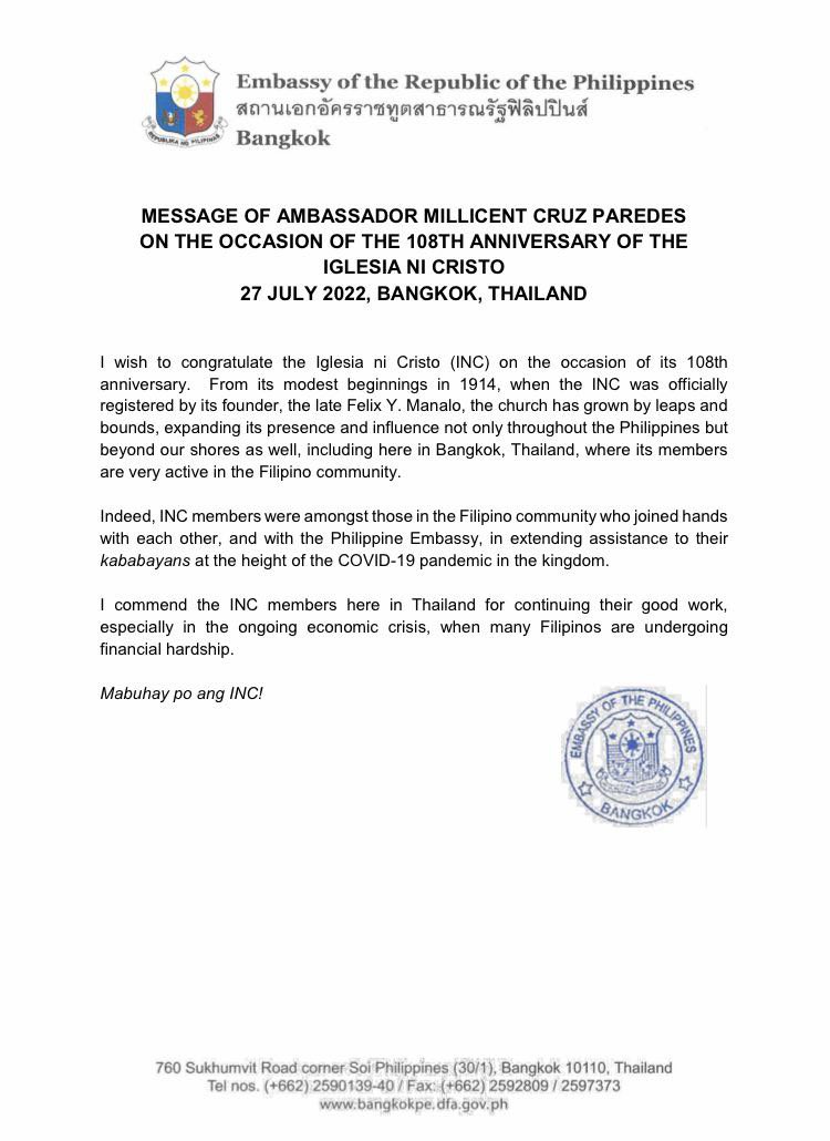 eaglenewsASEAN's tweet photo. #LOOK : In an official letter, Ambassador Paredes of PE #BKK congratulates Iglesia Ni Cristo on the occasion of its 108th anniversary today #July27 #INC108 https://t.co/0hAfS4eHpn