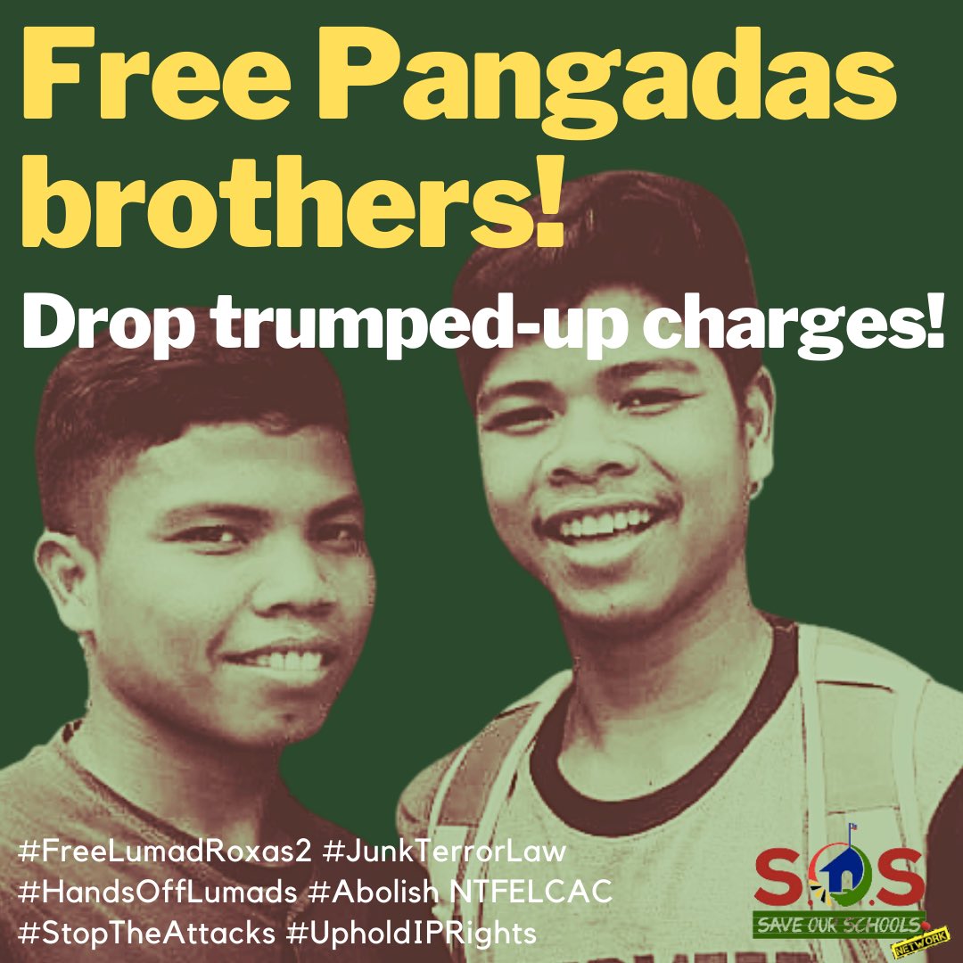 savelumadschool's tweet photo. The Save Our Schools Network vehemently condemns the illegal arrest of two Lumad school alumni: Ismael Pangadas, 22 years old, and Mawing Pangadas, 19 years old who joined a peaceful protest in Davao City, Mindanao last July 25, 2022.

#FreeLumadRoxas2
#FreePangadasBrothers https://t.co/eziXKZF34I