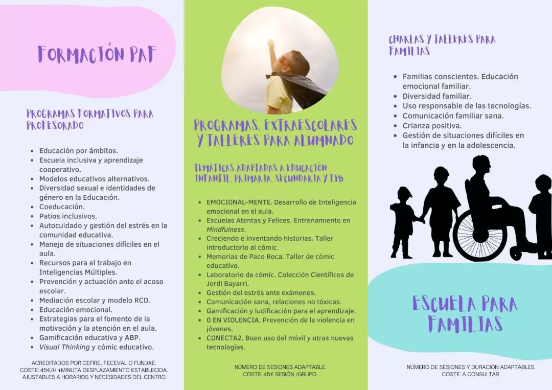 Dialoga2's tweet photo. -Cursos y seminarios PAF
-Actividades extraescolares Infantil, Primaria, Secundaria
-Proyectos y talleres de acción tutorial Infantil, Primaria, Secundaria y FPB
-Charlas y talleres para Escuelas de Familias
#Educación
#CEFIRE
#FECEVAL
#FUNDAE
#formaciónprofesorado https://t.co/g2gKh5pZst