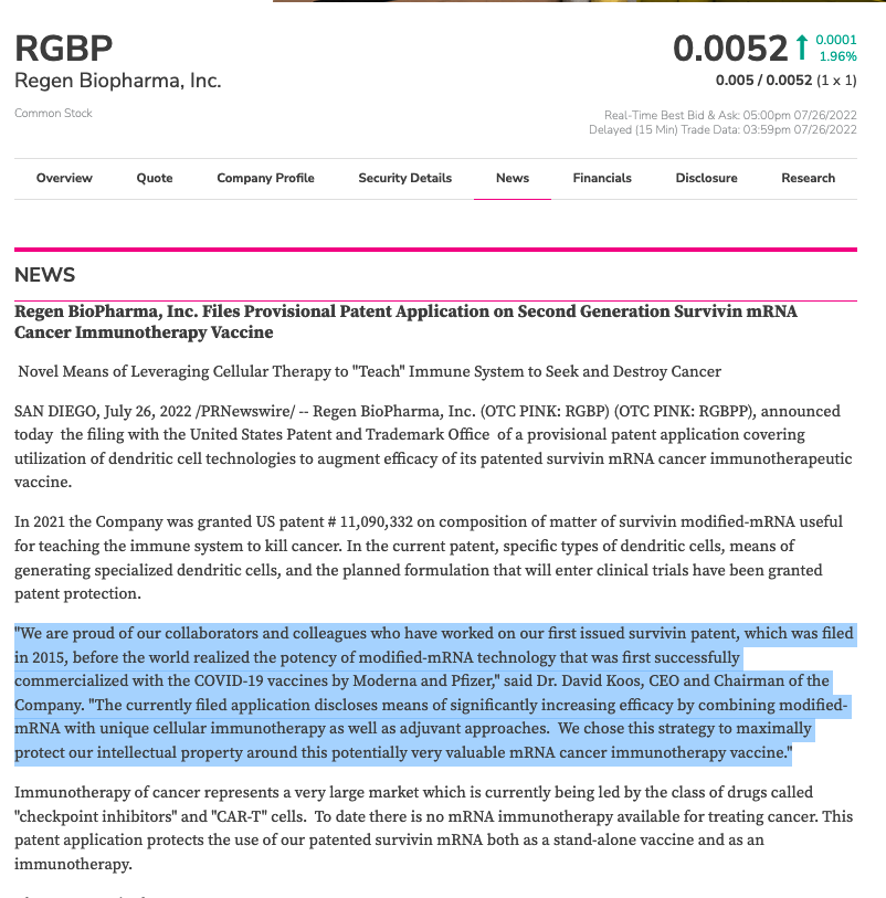 WZ_420's tweet photo. $RGBP $RGBPP MASSIVE PR
Putting Moderna $MRNA and Pfizer $PFE in PR!?
"To date there is no mRNA immunotherapy available for treating cancer. This patent application protects the use of our patented survivin mRNA both as a stand-alone vaccine and as an immunotherapy." https://t.co/4XRNVG9viw