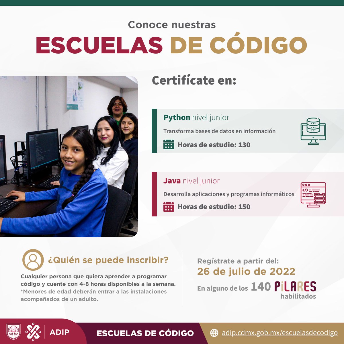 ¡Adquiere las competencias más valoradas en el mercado laboral! 💻
Aprende a programar en las #EscuelasDeCódigo y certifícate. Los cursos inician el 16 de agosto, son gratuitos y están disponibles en 140 #PILARES.

Realiza tu registro en: bit.ly/EscuelasDeCodi….