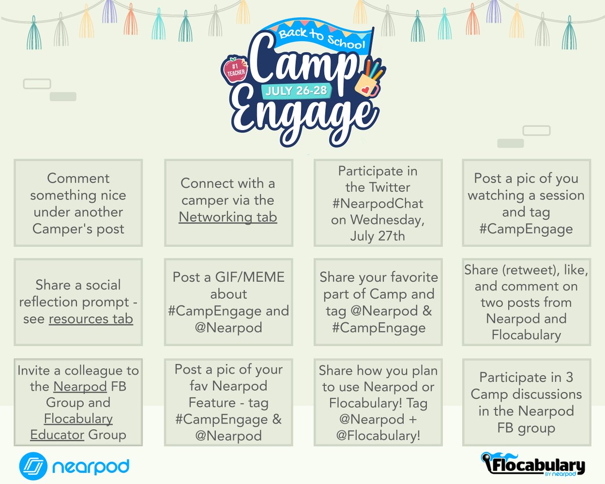 The #CampEngage Scavenger Hunt is BACK! 📚🔎

How it works:
💙 Complete the ENTIRE board &amp; be entered to win gift cards + camp swag!
🎉 Post on social media: Tag @Nearpod, <a href="/Flocabulary/">Flocabulary</a>, &amp; #CampEngage!
✨ Download here: bit.ly/3JSwiqZ

Official rules at the camp site!