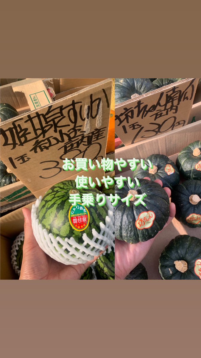 nakatasyouten1's tweet photo. お買い求めやすい👨🌾
使いやすい👨🌾
手乗りサイズのスイカ🍉南瓜🎃
オススメです♪
梅雨が明けて暑い日が続きますので熱中症、体調にお気をつけてお過ごしください🙇♂️
#中田商店 #手乗りサイズ #使いやすい #お買い求めやすい #グッドサイズ #goodsize #梅雨明け https://t.co/2oeBmCzd9H