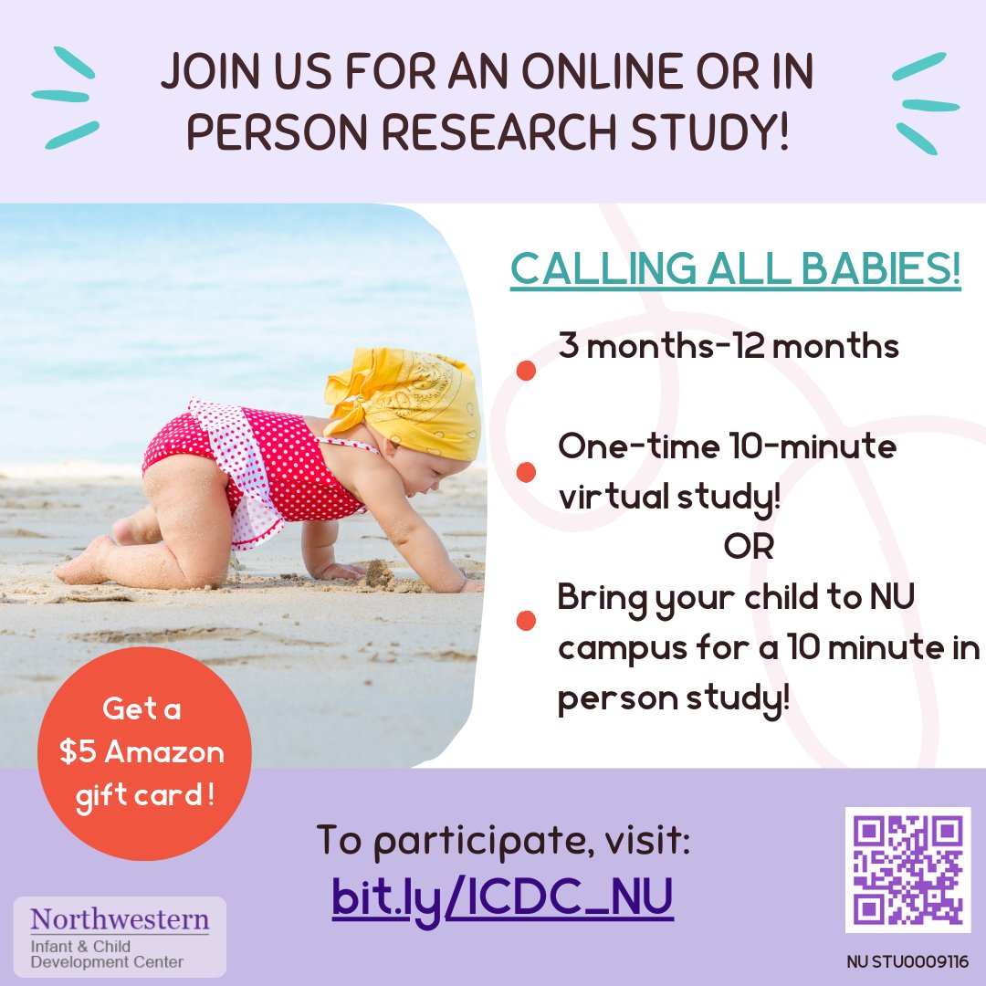 At Northwestern's ICDC, we are looking for 0-12 month olds to help us discover how babies learn so much so fast!!  ⁠
⁠
Sign up at bit.ly/ICDC_NU 
⁠
🌟Join us for person studies⁠
OR⁠
🌟Participate from the comfort of your own home⁠
⁠

⁠