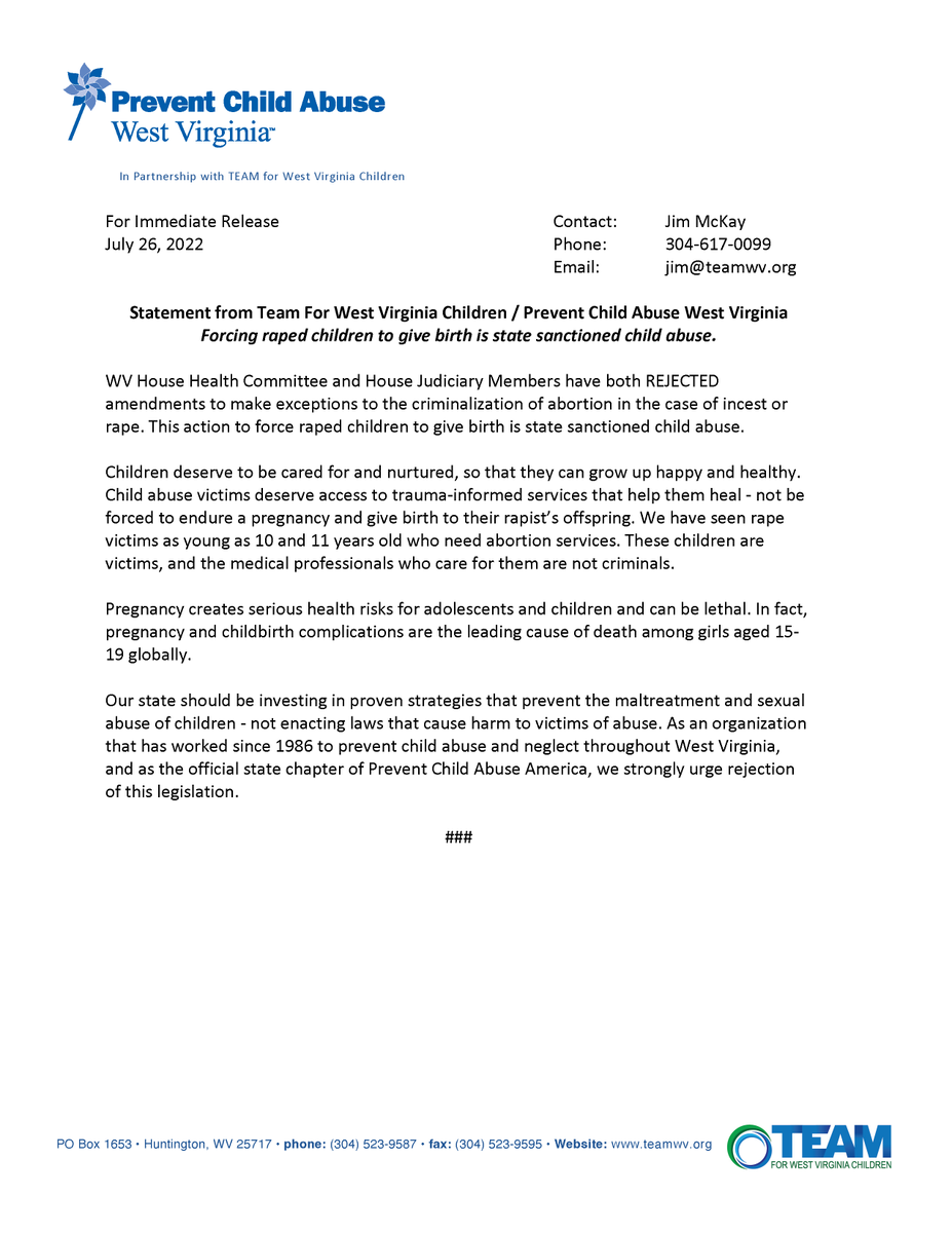 PCA-WV has issued the attached statement: "Forcing raped children to give birth is state sanctioned child abuse." We strongly urge rejection of this legislation, which would criminalize abortion in West Virginia including in cases of rape or incest. #WVLegis
