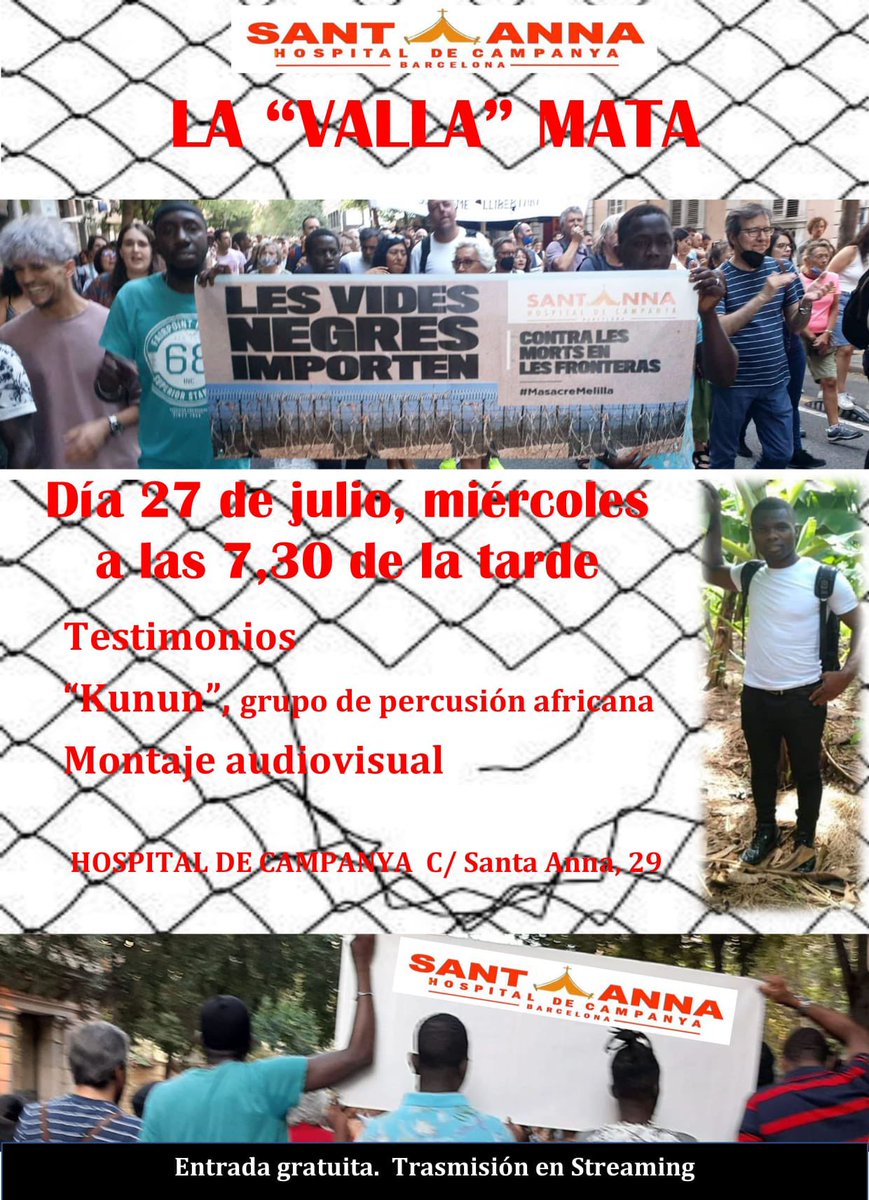 dimecres 27 de juliol a les 19:30 a <a href="/SantaAnnaChurch/">PARRÒQUIA SANTA ANNA</a> 
el DABO - el nostre sagristà - i altres escenifiquen la seva aventura personal en l'espectacle "LA VALLA MATA" en solidaritat amb les víctimes de NADOR-MELILLA 24/VI/2022. 
ENTRADA LLIURE.