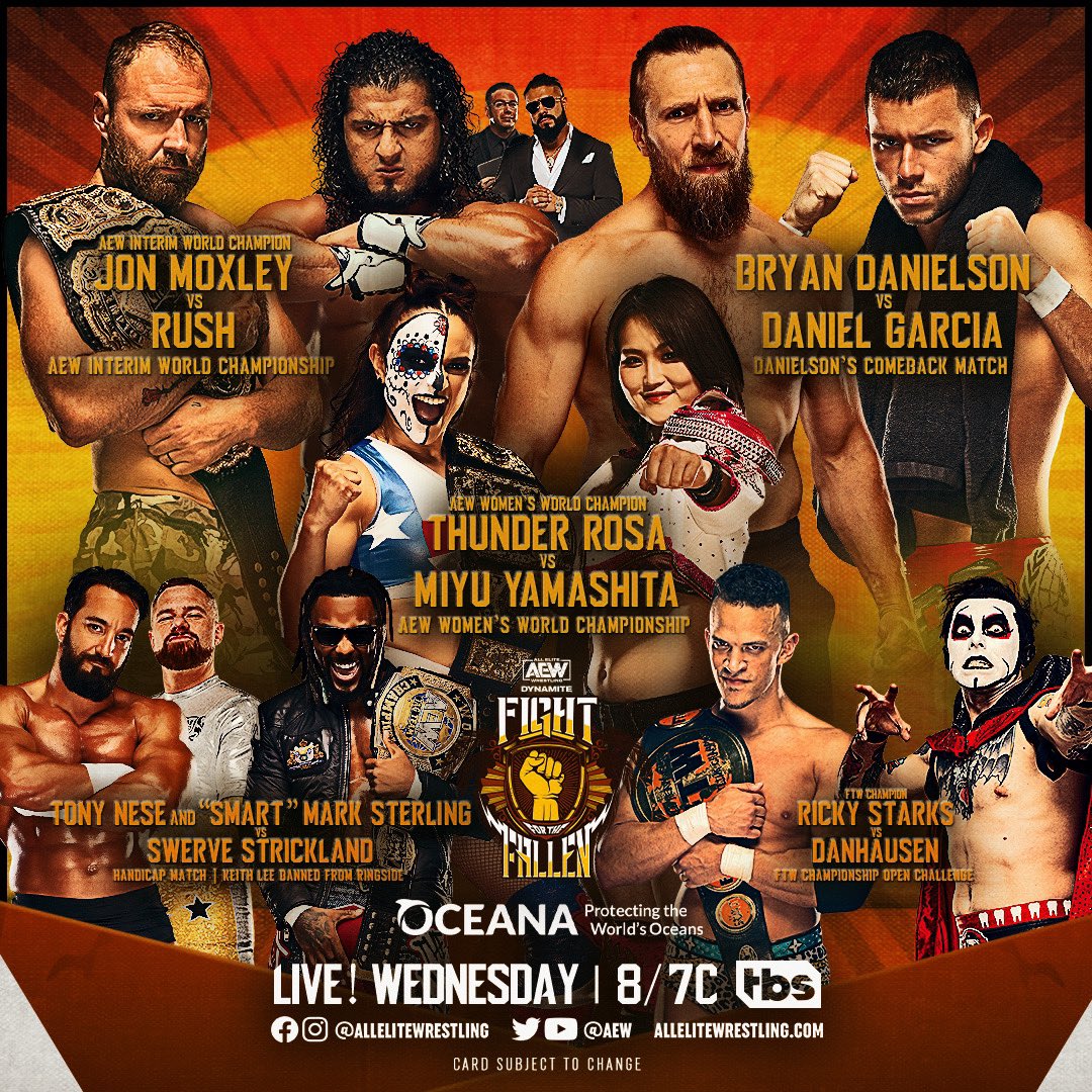 Thanks to everyone who watches @AEWonTV, Wednesday Night #AEWDynamite’s been the #1 show on Wednesday cable/satellite 5 straight weeks & hoping to make it 6 tomorrow night! Tomorrow’s @AEW #FightForTheFallen supporting @oceana, it’ll be a great night of wrestling on @TBSNetwork!