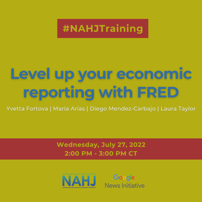 NAHJ's tweet photo. Tomorrow at 2PM CST: Level up your economic reporting w/ FRED

👥 Laura Taylor, External Communications, Federal Reserve Bank of St. Louis
👥 Yvetta Fortova, Manager of FRED
👥 Diego Mendez-Carbajo, Senior Economic Education Specialist

Register now for this #NAHJTraining