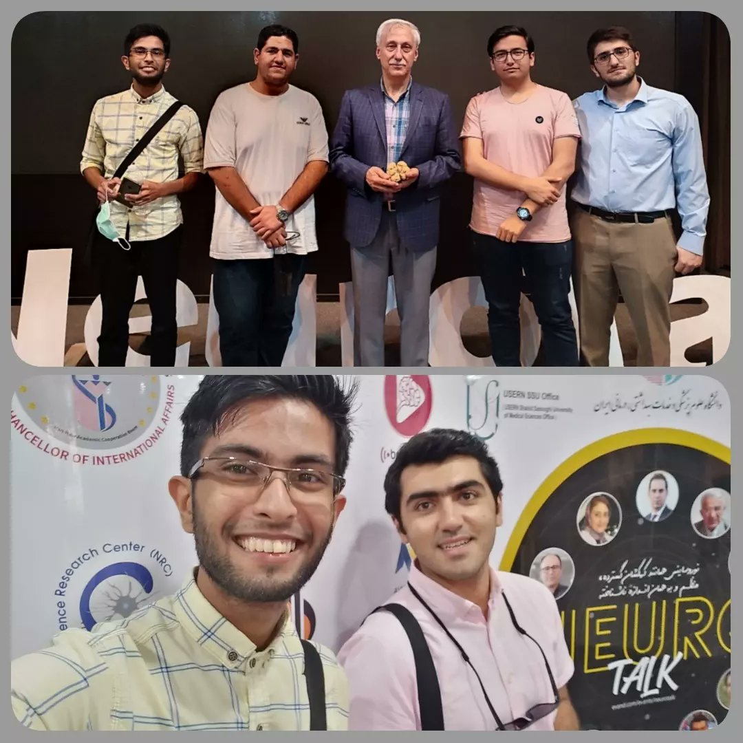 DNejadmasoom's tweet photo. International NeuroTalk event, Iran University of Medical Sciences. 

25, July 2022

Photo with two of the speakers of this event🙃:
Prof. Behnam aldin Jamei
Pouya Paknejad-MSc of Cognitive Psychology, PhD Student in Media Management Braincast Producer
#neuroscience https://t.co/UOUbRuO1ct