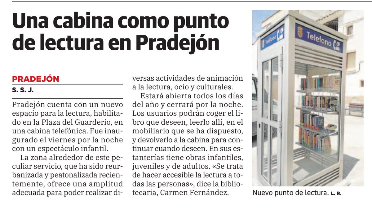 aalvaropalacios's tweet photo. Me ha parecido una buena idea la forma de aprovechar las #cabinas telefónicas que aún quedan por nuestras calles.... 

En éste caso ha sido un pueblecito de #LaRioja llamado Pradejón

Visto en Diario La Rioja https://t.co/daGBXheqgr