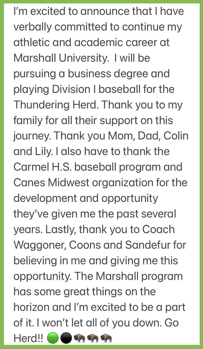 COMMITTED!! 🟢⚫️🦬#WeAreMarshall #goherd   <a href="/CanesMidwest17U/">Canes Midwest Alum 2023</a> <a href="/carmel_baseball/">Carmel Baseball</a> @PBRIndiana <a href="/CanesMidwest/">Canes Midwest</a> @MUCoachWaggs @MUCameronCoons <a href="/TKSandefur45/">Taylor Sandefur</a>
