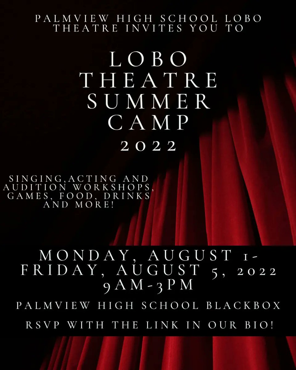 It's that time! Lobo Theatre is hosting our annual summer camp! 🎭

Big changes are happening this upcoming year and we are so excited to get started! RSVP by filling out the Google form with the link in our bio or on this post! We hope to see you there!

docs.google.com/forms/d/e/1FAI…