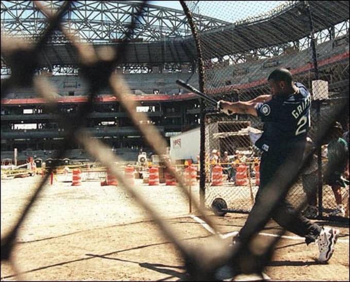Ken Griffey Jr. taking BP during construction at Safeco Field, 1998

An iconic Mariners &amp; Seattle sports photo 📸