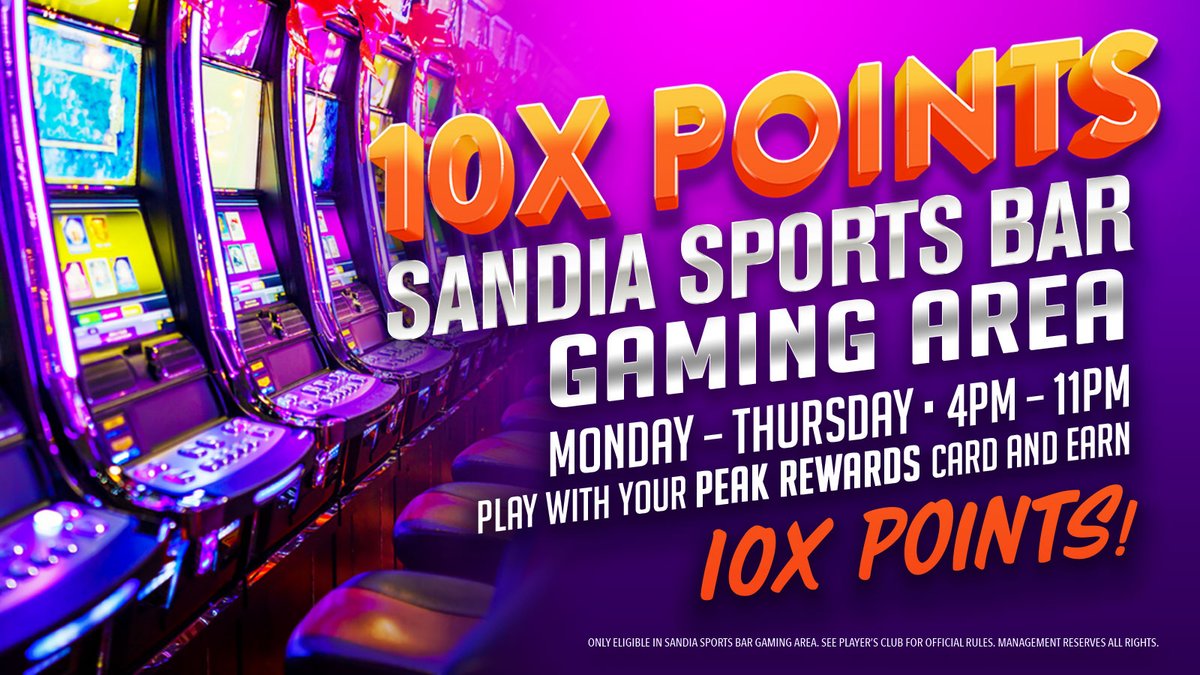 sandia_casino's tweet photo. Get #10xpoints in the #SandiaSportsBar #GamingArea starting at 4pm today! 🎉

Play your fave #games while you catch up on pro #baseball! ⚾

#sandia #sandiacasino #sandiaresort #casino #resort #abq #abqgaming #bar #earnpoints #mlb #mlbgames #peakrewards #sportsbar #win #winbig https://t.co/s6zZlvlC8P