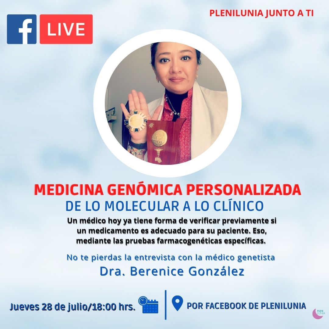 Plenilunias's tweet photo. Te invitamos a nuestro #FBLIVE este 📇jueves 28 de julio a las⏰18: 00 hrs.
Hablemos sobre medicina #genómica personalizada: de lo #molecular a lo clínico.
No te pierdas la entrevista con la médico genetista Dra. Berenice González. Te esperamos.
#pleniluniajuntoati https://t.co/kx45Y6rcDd