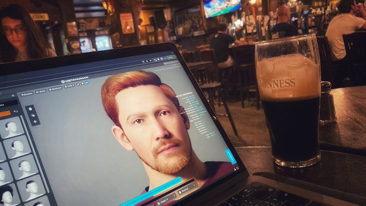 Creating characters for previs in the Irish pub ☘️ 🇨🇦 while you can spot <a href="/cleverrgirrl/">Sarah Yesterday 🍉</a> in the top left corner doing PR magic. Welcome to the future.