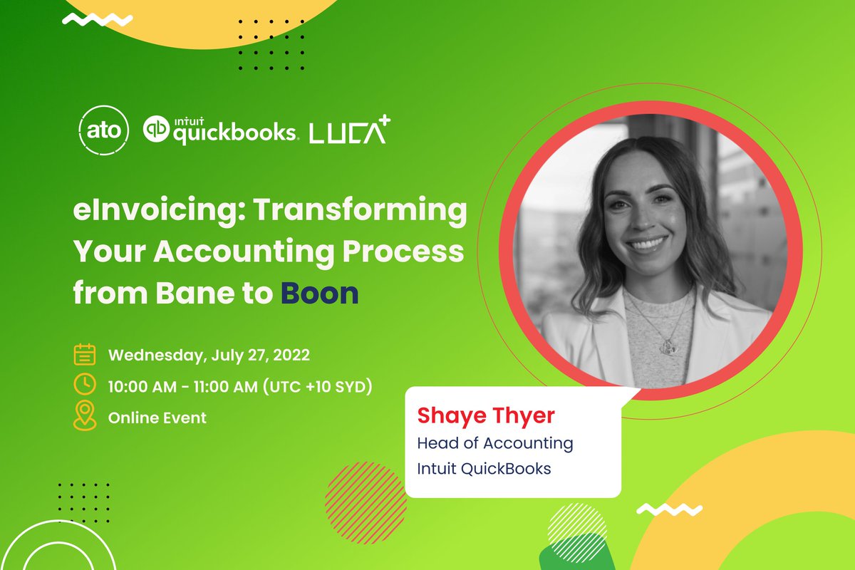 📣Meet our speaker! Shaye Thyer is the Head of Accounting for <a href="/QuickBooksAU/">QuickBooks Australia</a>. She leads the team in charge of enabling our accounting and bookkeeping partners' success through cloud accounting solutions. 
Sign up for Free ➡️ intuit.swoogo.com/einvoicing