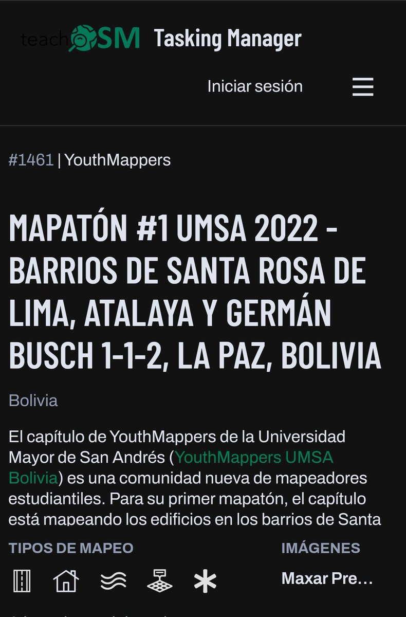 geobiker2's tweet image. Ya tenemos el proyecto creado en #OSM Tasking Manager de #teachOSM para el Mapaton de Mañana con @YMumsa_bo