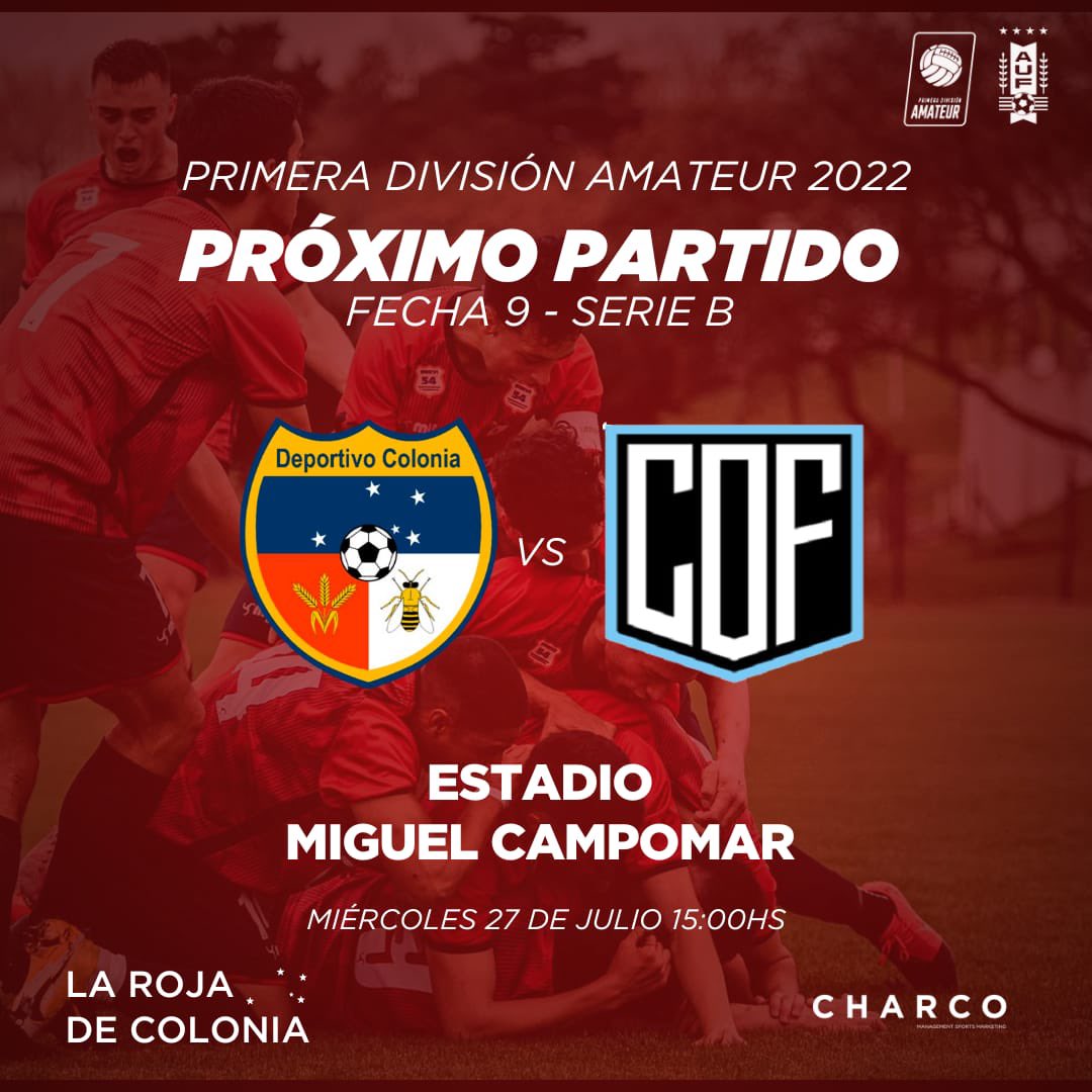 Próximo partido 🔜
#VolvimosACasa 🏠

⚽️ miercoles 27 de julio
🕒 15:00 
🆚 <a href="/orientalfcsad/">Oriental F.C. SAD</a> 
🏟 Miguel Campomar

🎟 $150 

@amateurauf <a href="/aufoficial/">AUF</a> 

#LaRojaDeColonia 🚩