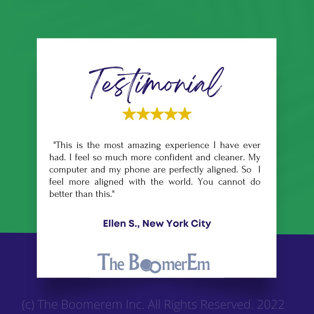 theboomerem's tweet image. Testimonial Feedback from Ellen S. - &quot;..feel so much more confident...and aligned with the world. You cannot do better than this&quot;.
#TechTestimonial #DigitalDivide #BridgingTheDigital Divide #EmpoweringBoomers #Technology #NewYork #Confident
