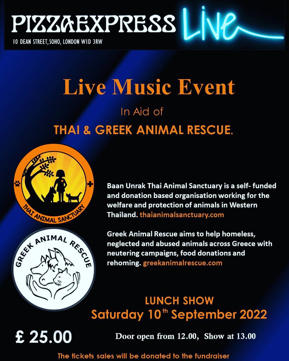 🐶Charity Concert in aid of <a href="/thaianimals/">Thai Animal Sanctuary</a> &amp; <a href="/GARanimalrescue/">Greek Animal Rescue</a> live <a href="/pizzajazzclub/">PizzaExpress Live</a> 20/09/22 lunchtime 🐶with live music and raffle prizes.. <a href="/Milliesstory/">Millie's story</a> 🐱
🎫 pizzaexpresslive.com/search?keyword…