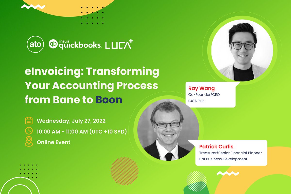📣Happening Today: eInvoicing: Transforming Your Accounting Process from Bane to Boon    

Ray Wang, of LUCA Plus, will show how simple it is to begin eInvoicing &amp; will present the benefits with Patrick Curlis, BNI Business Development Treasurer.

➡️ intuit.swoogo.com/einvoicing