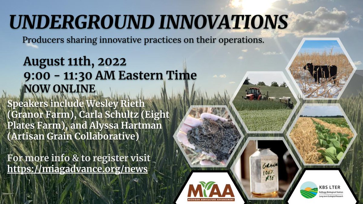 Underground Innovations is now ONLINE Thurs, August 11. There is no fee; registration is required (miagadvance.org). Great speakers and in depth discussions are on the agenda - join us! <a href="/TimBoring/">Tim Boring</a> <a href="/melkshaw/">Melissa Shaw</a> <a href="/KBSLTER/">Kellogg Biological Station LTER</a> <a href="/graincollab/">Artisan Grain Collab</a> #MiAAunderground