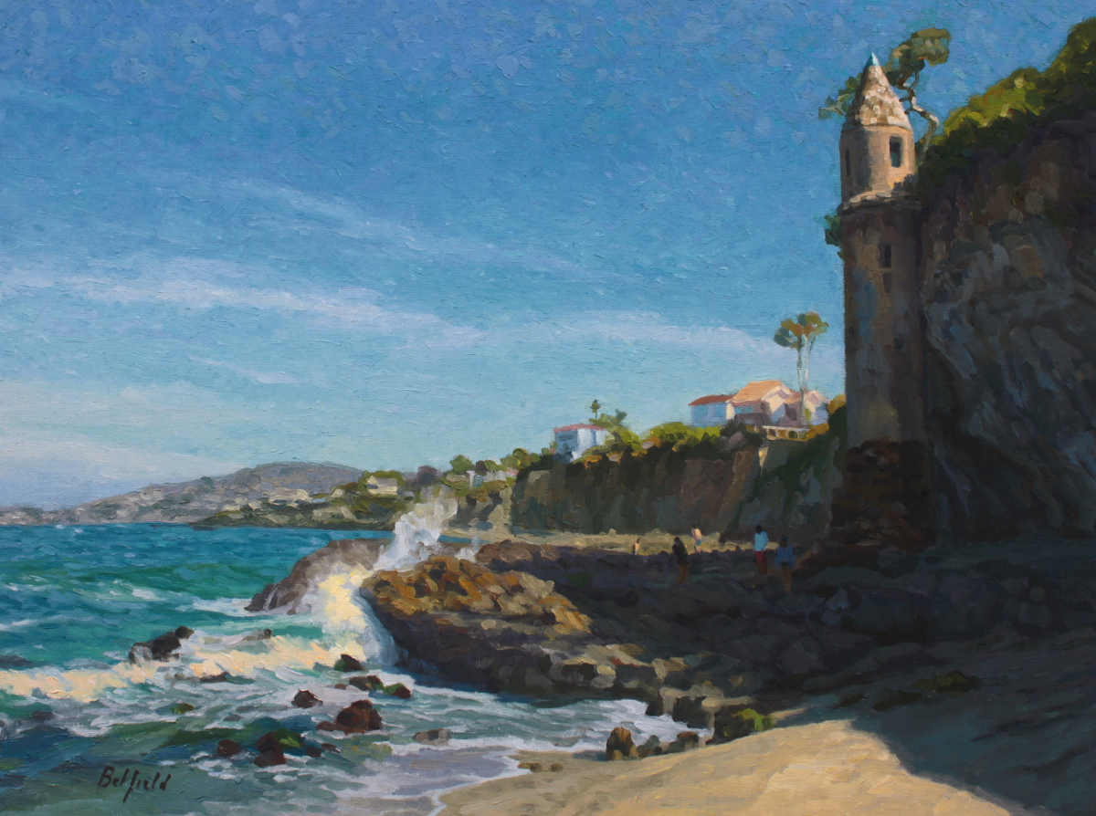 Finished up my painting of the Pirate Tower in Victoria Beach, Laguna Beach CA! (18'x24'). brianbelfield.com #lagunabeach #victoriabeach #piratestower #cliffs #coast #pacificocean #seascape